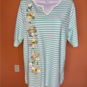Quacker Factory Mint Green & White Striped Tunic Top L NWT